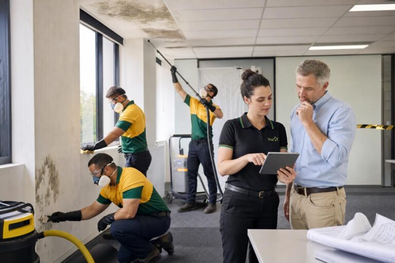 Commercial mould removal: Three masked workers remove mould from office walls and ceiling while a woman with a tablet speaks