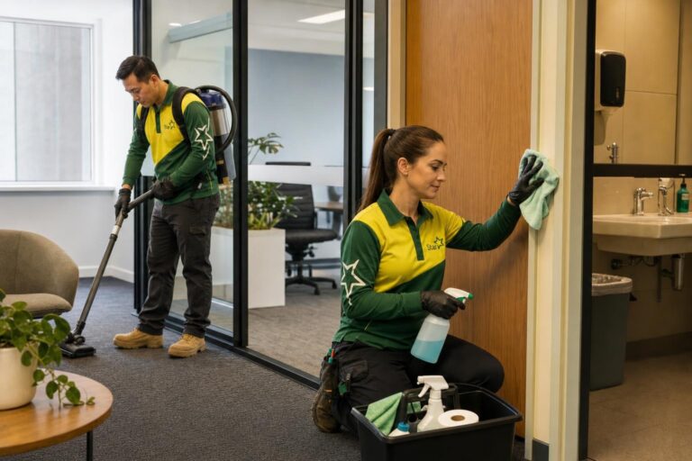 Strata cleaning checklist: Two cleaners in green and yellow uniforms wipe a door frame and vacuum carpet in an office